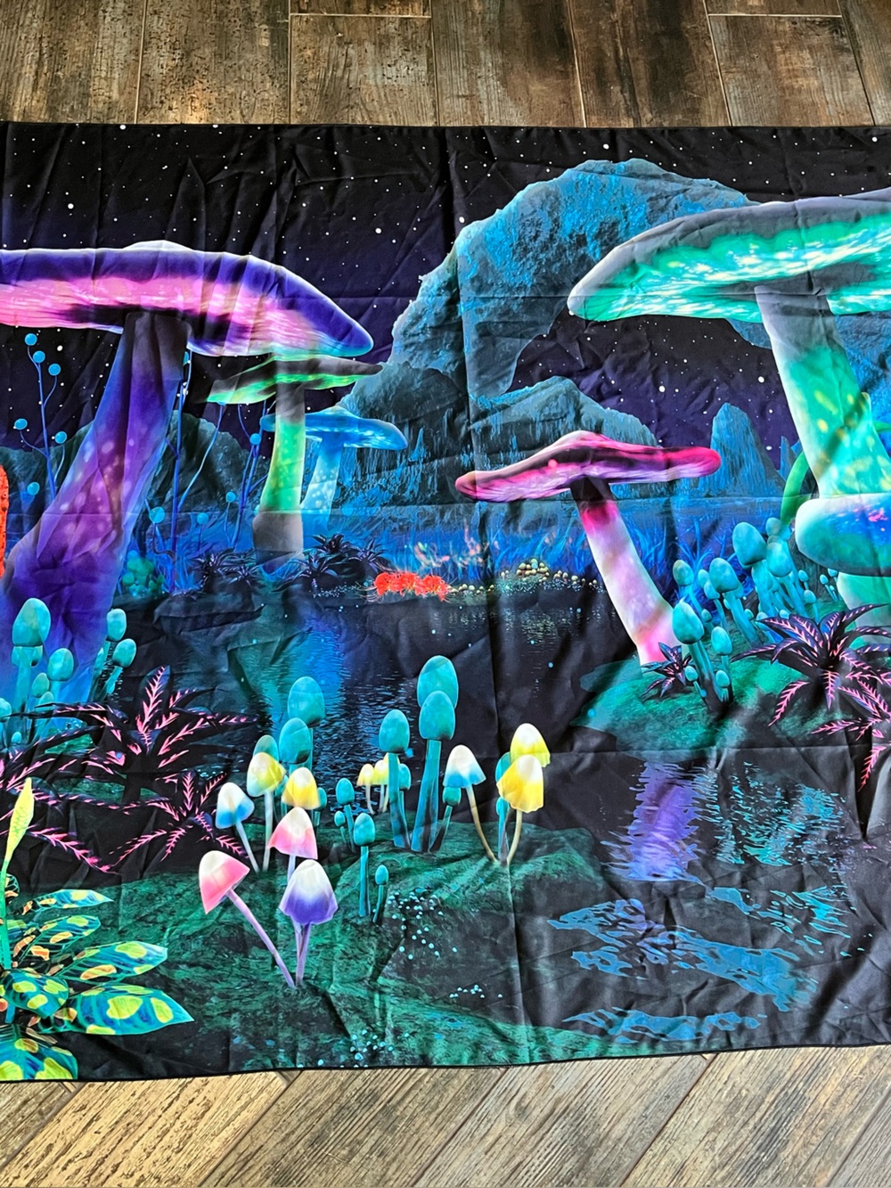 Psychedelic Neon Mushroom Tapestry - Black Background